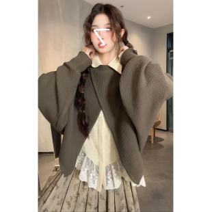 套头毛衣叠穿花边拼接衬衫 秋冬新款 2025文艺复古穿搭不规则针织衫