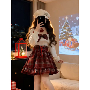 软妹小个子学院风圣诞红格纹蝴蝶结连衣裙收腰显瘦巨好看超仙短裙