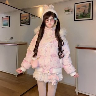 学院风甜妹满印雪人星星毛绒绒毛领连帽棉衣外套少女宽松保暖棉服