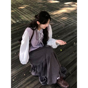 高腰A字长裙三件套装 上衣 学院风针织马甲背心女叠穿衬衫 韩系时尚