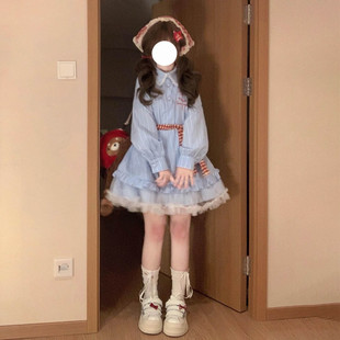 韩系甜美小个子蕾丝花边蓝色条纹长袖衬衫裙女显瘦假两件连衣短裙