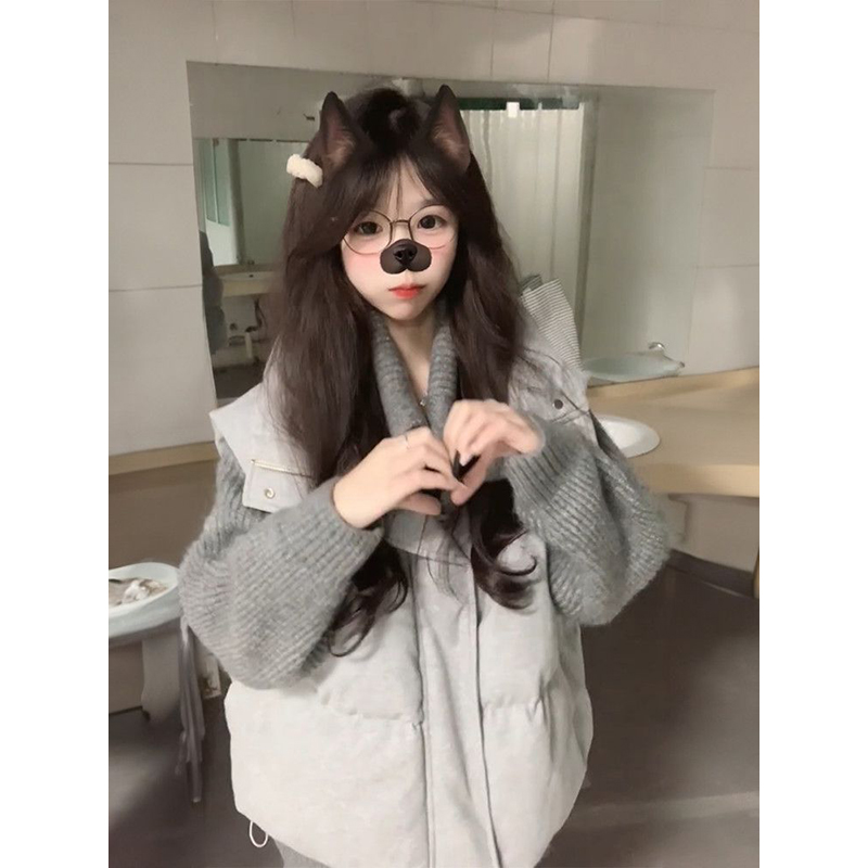 学院风甜美小个子可爱灰色针织开衫毛衣+立领棉服马甲潮三件_套装