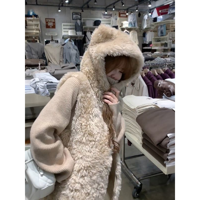 毛茸茸连帽马甲外套针织毛衣开衫