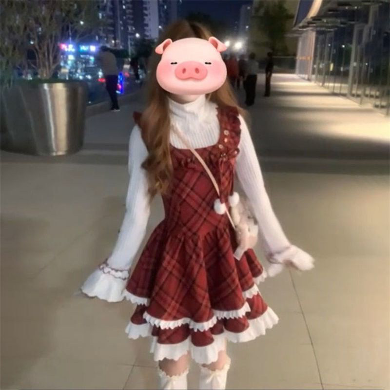 韩系复古小个子时尚格纹收腰背带裙女百搭高领蝴蝶结上衣两件套装,女装/女士精品,时尚套装,淘宝优惠券,粉丝福利购,淘宝优惠卷