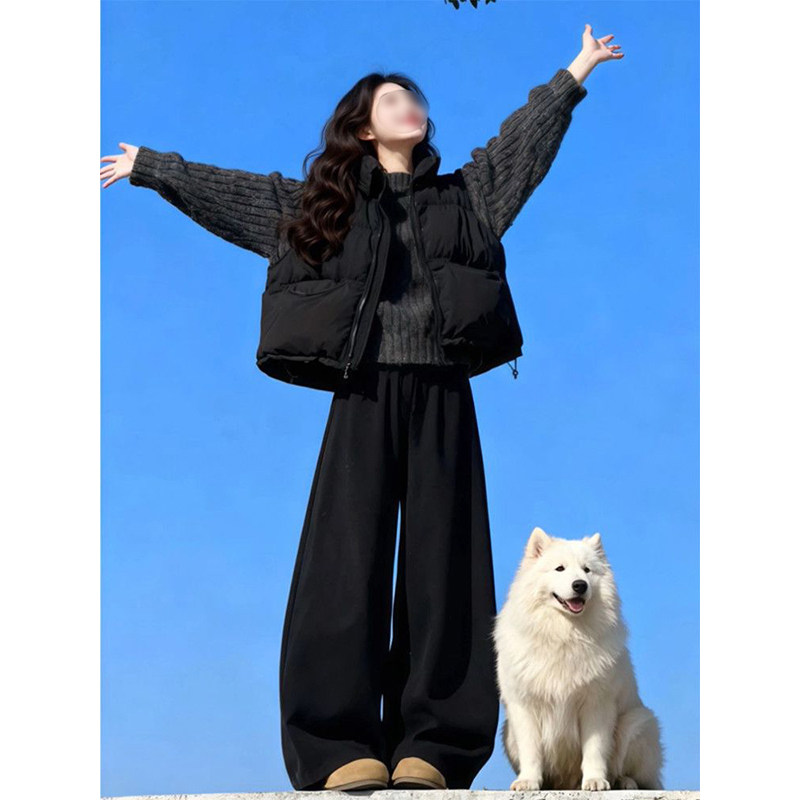 休闲学院风穿搭一整套高领黑灰毛衣+保暖棉衣背心马甲+黑色长裤女,女装/女士精品,时尚套装,淘宝优惠券,粉丝福利购,淘宝优惠卷