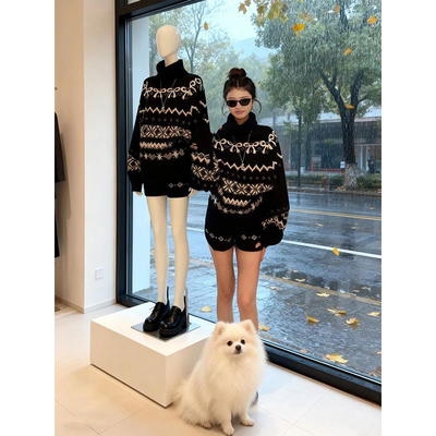 复古费尔岛时尚高领针织提花毛衣女学生冬季针织显高短裤两件套装