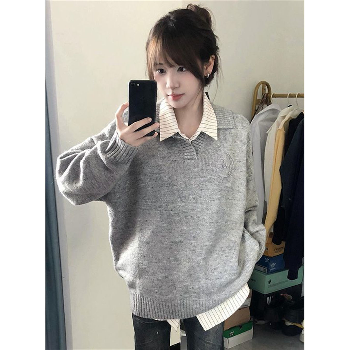 POLO领针织套头毛衣+条纹衬衫