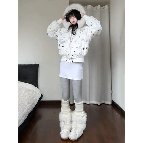 法式时尚立体星星满印图案棉服外套女冬季新款加厚保暖短款棉袄潮