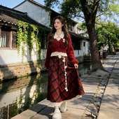 2026新年衣服复古小个子假两件毛衣女搭配高腰红色格子半身裙套装