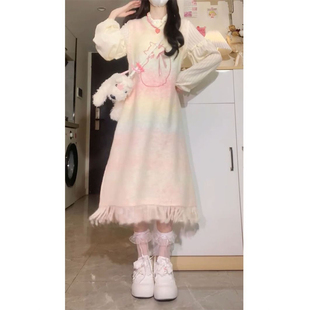 秋季 两件套 韩系温柔少女风粉色小猫针织背心连衣裙搭配木耳边衬衫