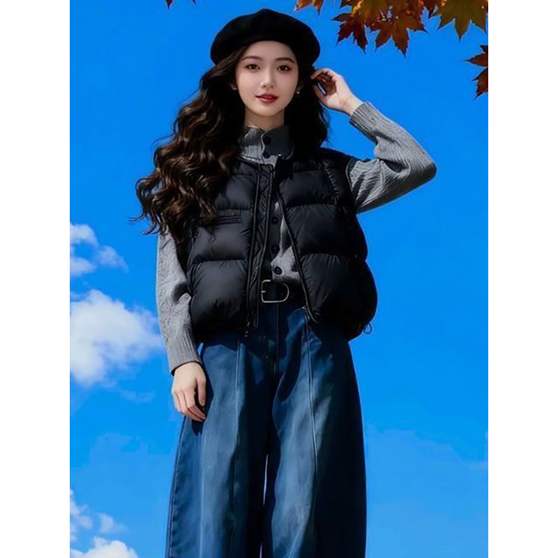 小众时尚风灰色立领针织开衫毛衣女冬季新款黑色棉衣马甲外套套装