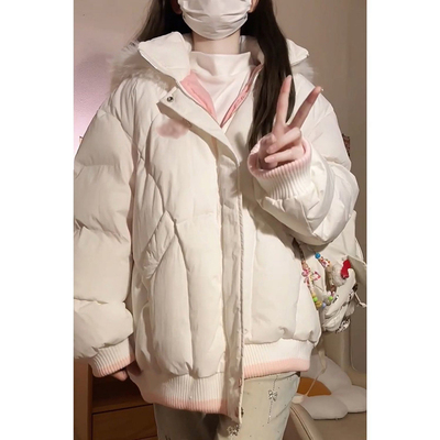 少女感毛茸茸连帽棉服外套冬季百搭保暖加厚不臃肿面包加厚棉袄女