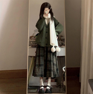 毛衣 日系甜妹绿色针织开衫 格纹半身裙学生女两件套 新款 2024秋季