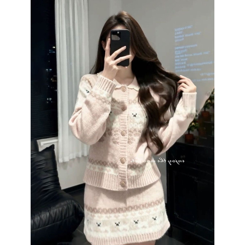 提花针织毛衣开衫女+百搭半身裙