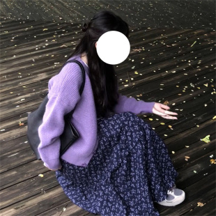 新款 套装 温柔风甜美紫色针织开衫 碎花半身长裙时尚 毛衣 2024秋季