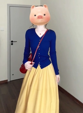 法式温柔绝美高级感藏蓝色针织开衫女春季+宽松百搭黄色半身长裙