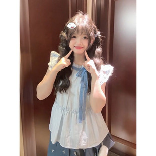 夏季 甜美软妹穿搭蝴蝶结飞飞袖 上衣女搭配蕾丝花边半身裙两件套装