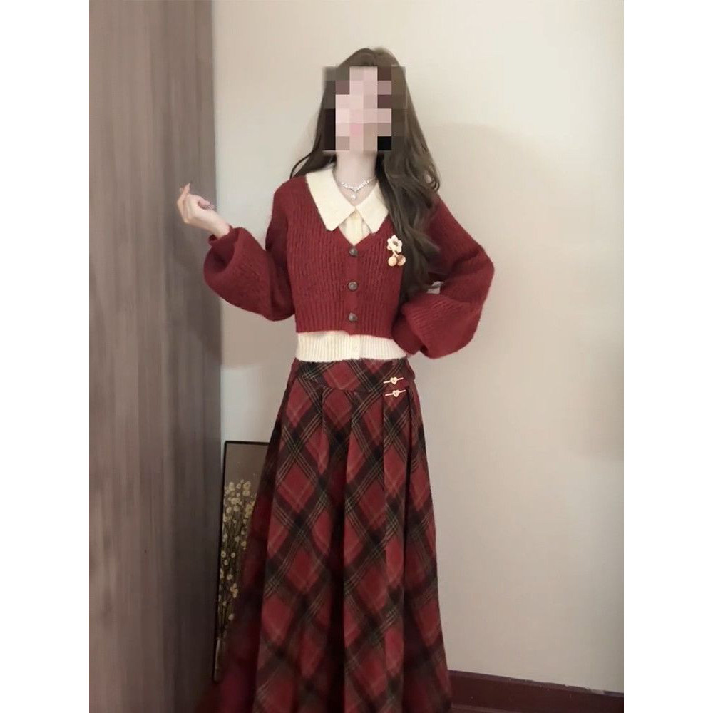 2025冬季新款韩系甜酷风红色假两件毛衣女搭配格纹半身裙两件套装,女装/女士精品,时尚套装,淘宝优惠券,粉丝福利购,淘宝优惠卷