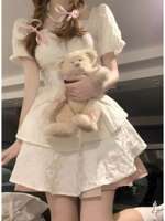 Spring girl style sweet gradient color bow tie dress for female students loose square neck puffy princess dress thumbnail 3