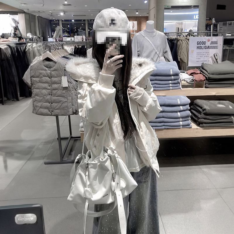 白色毛领毛毛连帽棉服派克服女