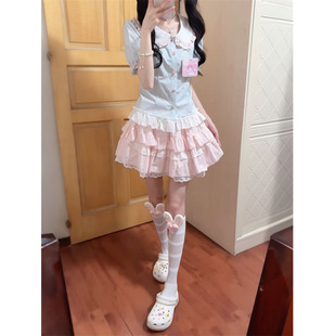 夏季日系甜美娃娃领蓝粉撞色衬衫女搭配粉色高腰蛋糕短裙两件套装