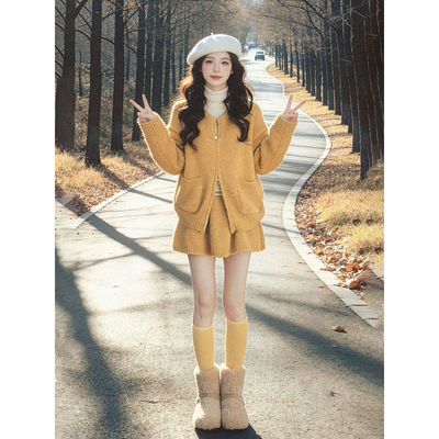 韩系温柔通勤穿搭一整套双拉链开衫毛衣女秋冬新款高腰针织半身裙