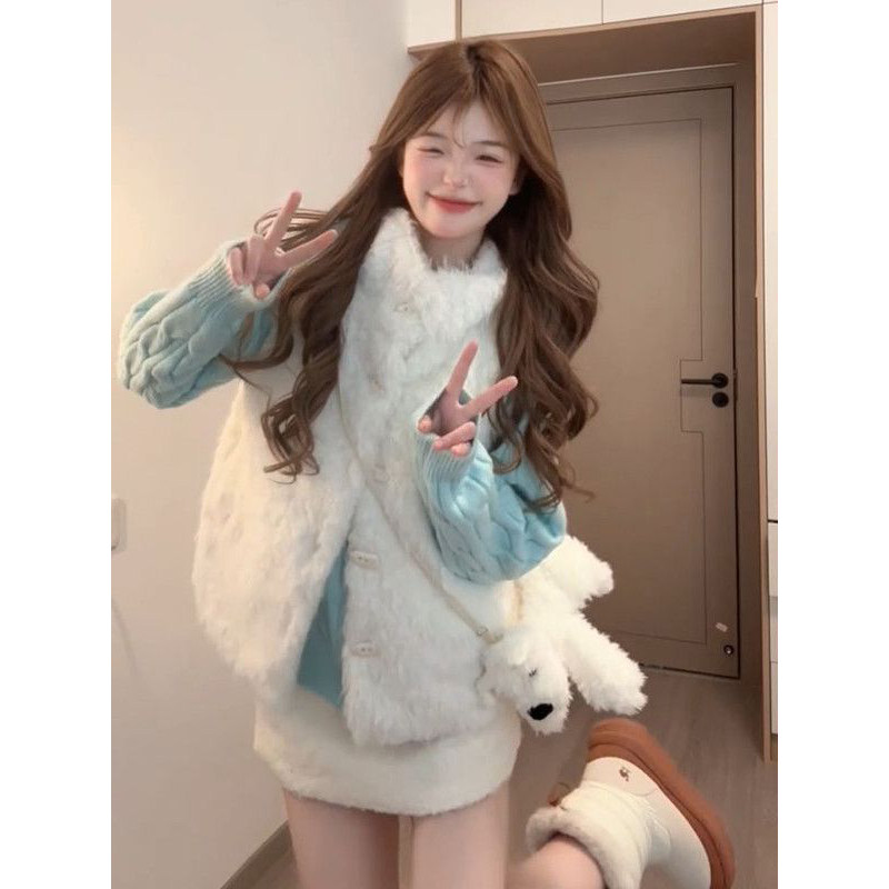 韩系温柔风穿搭一整套毛茸茸立领马甲背心外套女搭配薄荷绿针织衫,女装/女士精品,时尚套装,淘宝优惠券,粉丝福利购,淘宝优惠卷