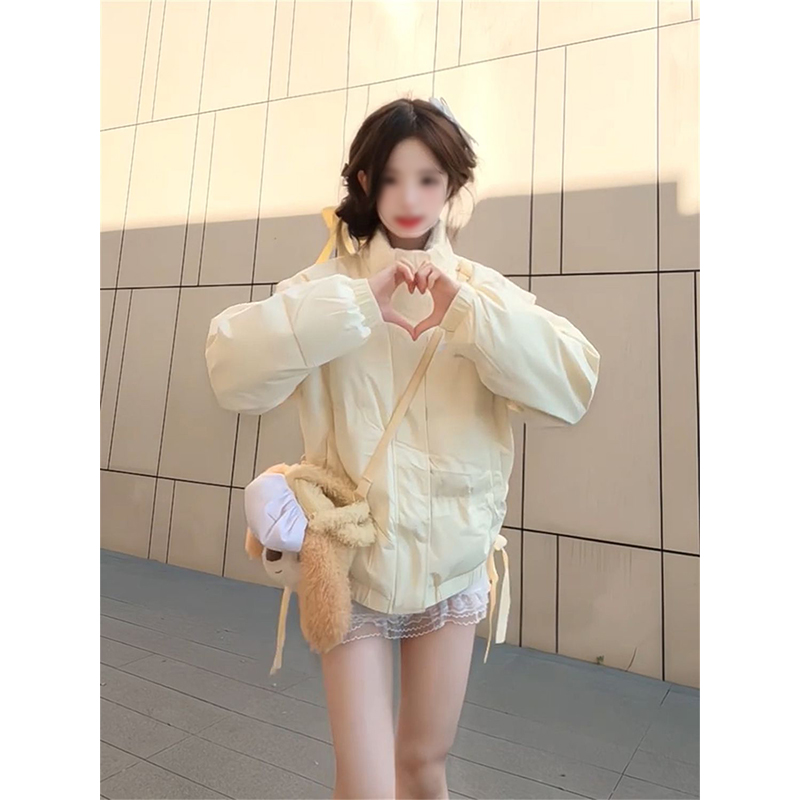 甜美风蝴蝶结字母刺绣立领棉服女学生冬季保暖百搭外套小个子棉袄