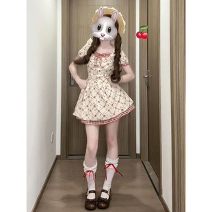 新款 日系甜美风蝴蝶结格纹碎花连衣裙女夏季 收腰显瘦拼接公主短裙