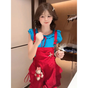 夏季 温柔甜美可爱小个子红色背带短裤 女搭配蓝色上衣新款 两件套装