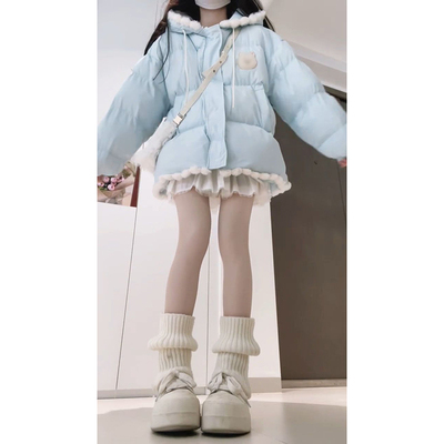 甜美小个子设计感花边拼接兔子棉服女冬季新款连帽百搭面包服外套