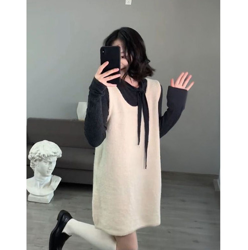 毛衣背心裙女秋冬系带打底衫长袖