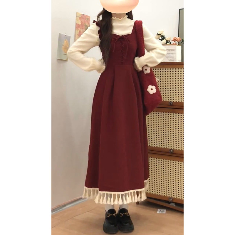 2026秋冬学院风红色流苏背心连衣裙女冬季叠穿打底衫上衣长袖套装,女装/女士精品,时尚套装,淘宝优惠券,粉丝福利购,淘宝优惠卷