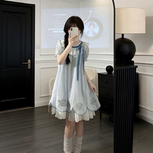 夏季 公主短裙 甜美温柔风小个子荷叶边连衣裙女学生宽松遮肉泡泡袖