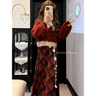 复古时尚新年气质假两件针织毛衣开衫女红色格纹半身裙两件/套装