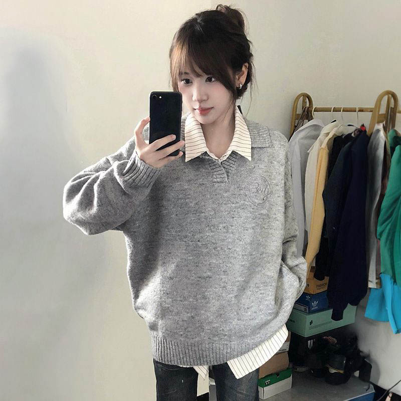 翻领针织衫毛衣+条纹衬衫