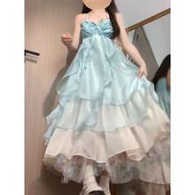 法式海边度假风浅蓝抹胸吊带连衣裙女夏季新款温柔氛围感A字长裙