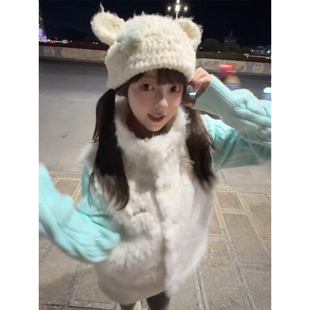 日系温柔可爱学院风绿色麻花针织开衫叠穿毛毛马甲背心两件/套装