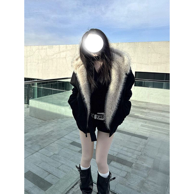 美式座山雕猫耳朵毛领连帽加厚棉衣男女防寒保暖夹克冬季情侣外套