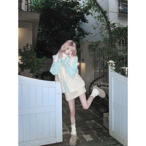 法式慵懒学院风两件套绿色麻花开衫毛衣女学生+毛毛保暖马甲外套