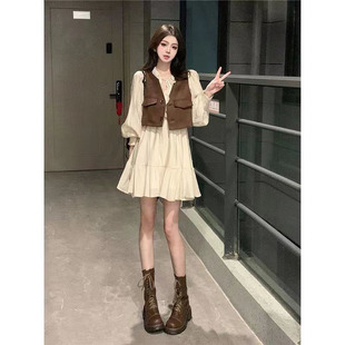 夏季新款法式温柔少女风木耳边收腰绑带连衣裙女搭配短款马甲背心