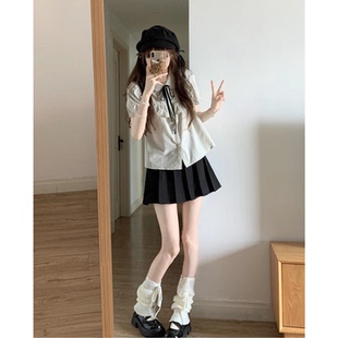 女搭配黑色半身短裙两件套装 韩系学院风气质穿搭花边拼接条纹衬衫