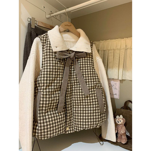 法式学院风一整套蝴蝶结系带格纹马甲外套棉服女冬季翻领针织毛衣