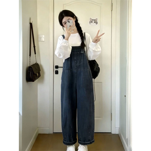 衬衫 2026春季 女搭配圆领长袖 清纯少女风复古背带牛仔裤 两件套 新款