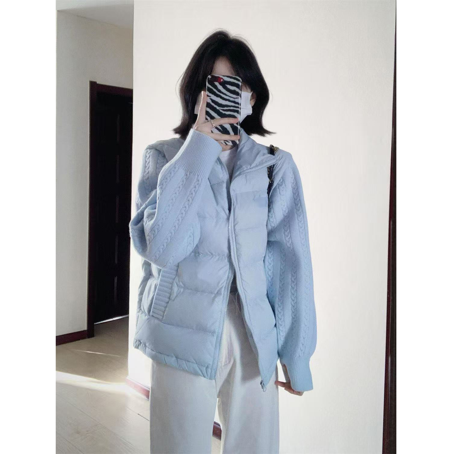 休闲ins风高级拼接针织袖子撞色轻薄保暖棉服女冬季新款时尚外套