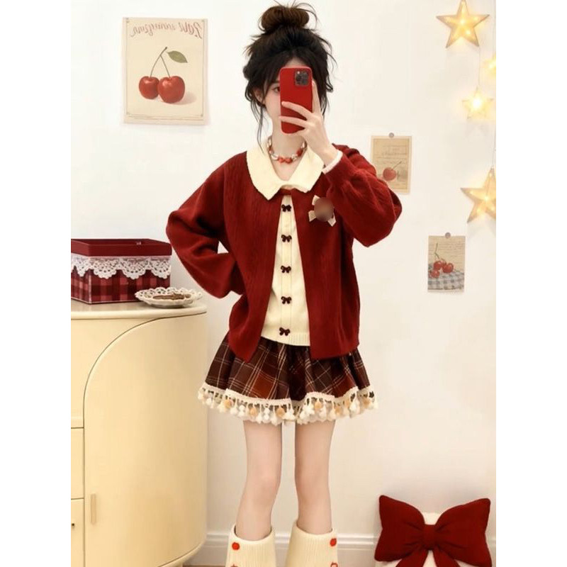 格纹短裙红色蝴蝶结毛衣外套开衫
