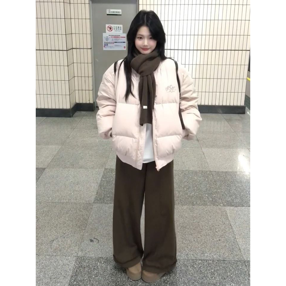 甜美少女风立领粉色棉服外套