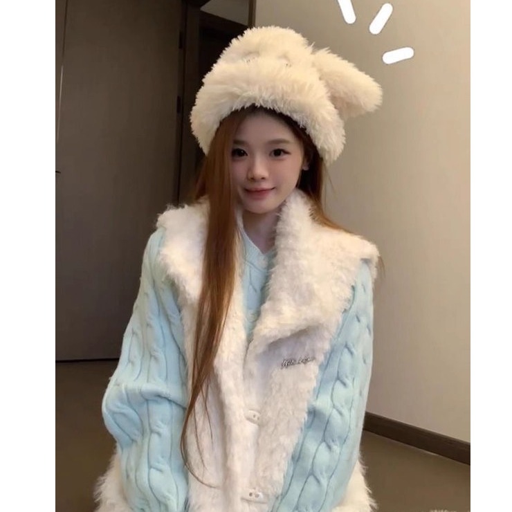 软妹新款小个子保暖毛茸茸马甲背心女学生麻花长袖针织毛衣一整套