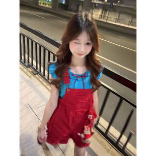 女学生搭配蝴蝶结蓝色上衣夏两件套装 日系可爱学院风红色背带短裤