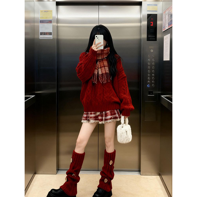 美式复古圣诞节冬日格纹花边半身裙+红色麻花针织衫毛衣两件_套装